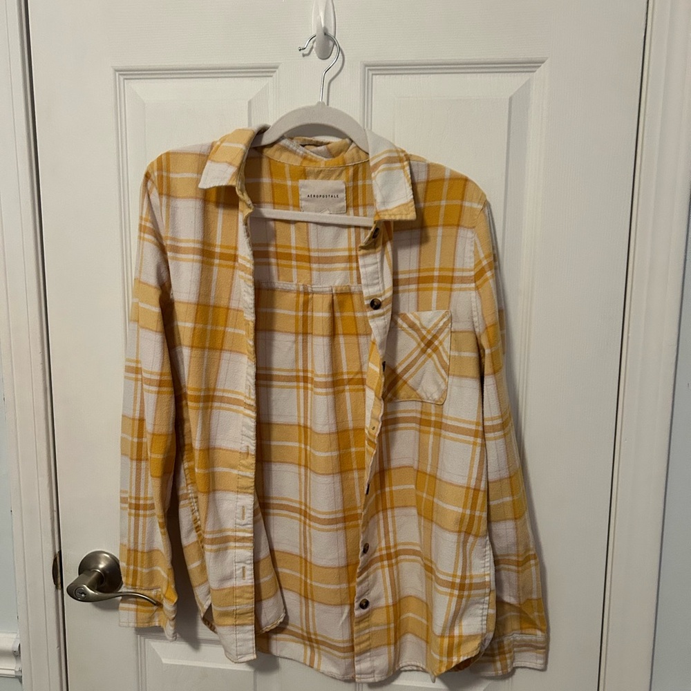 Aeropostale Yellow and White Plaid Button-Up Flannel
